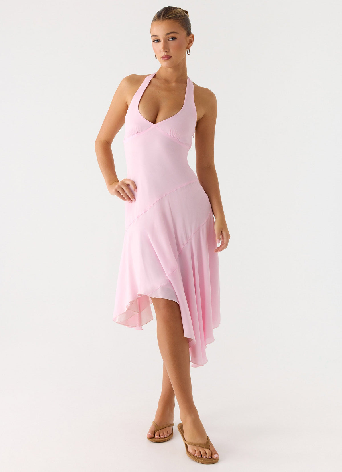 Faelie Halter Neck Asymmetrical Midi Dress - Pink
