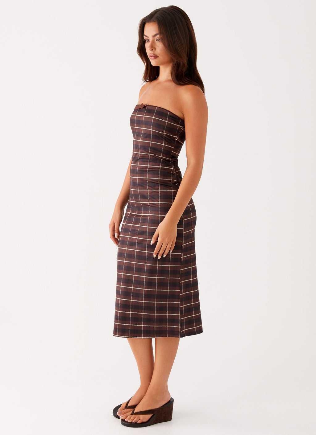 Niko Strapless Midi Dress - Brown Black Check