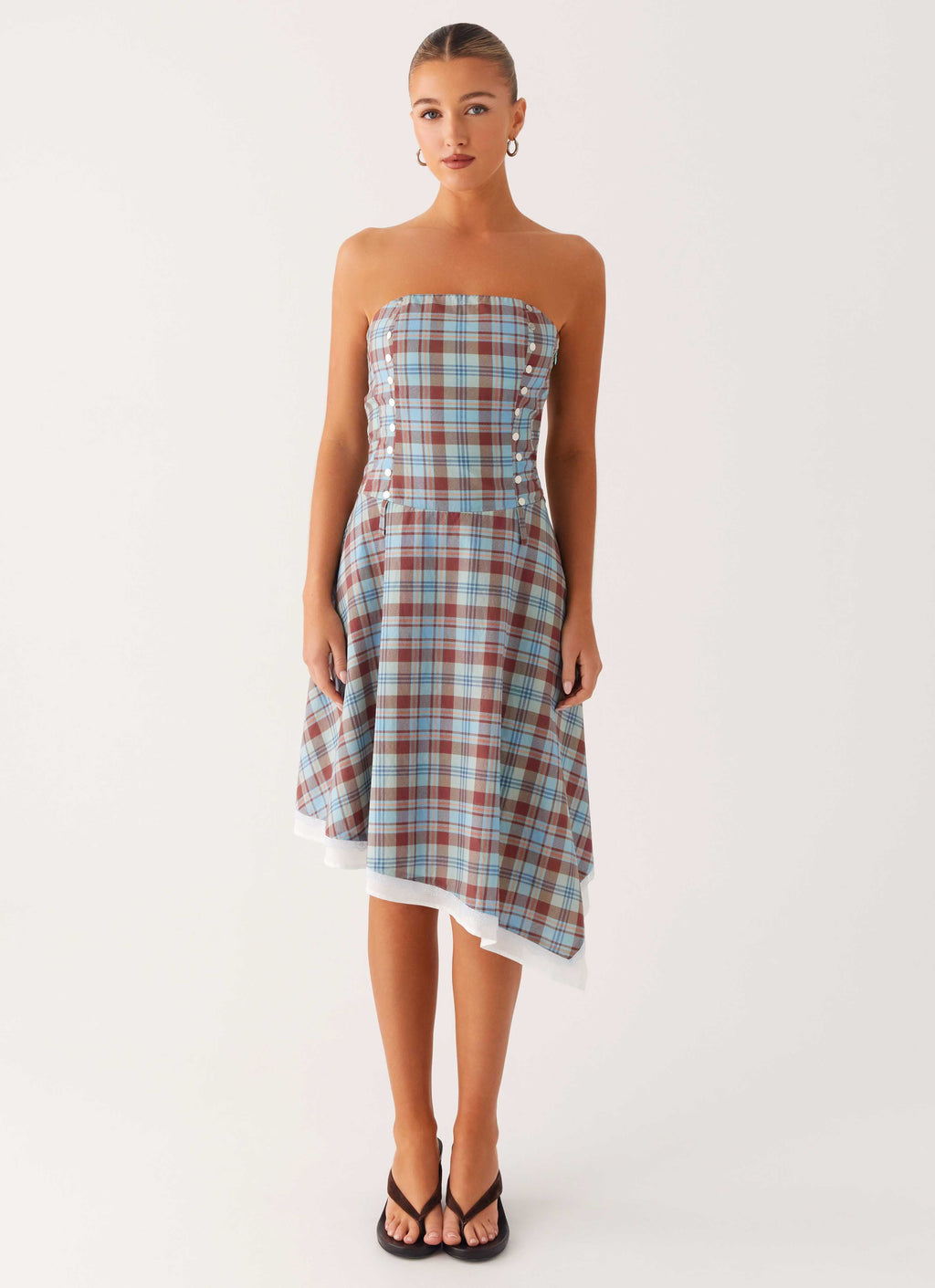 Tonie Strapless Midi Dress - Shoreline Check