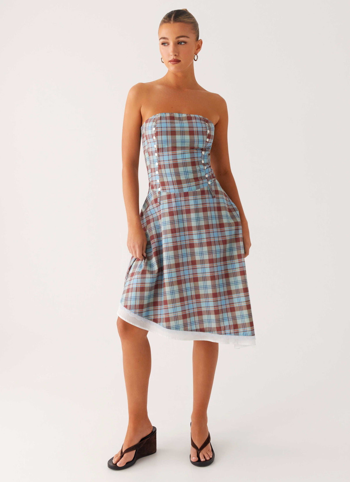 Tonie Strapless Midi Dress - Shoreline Check